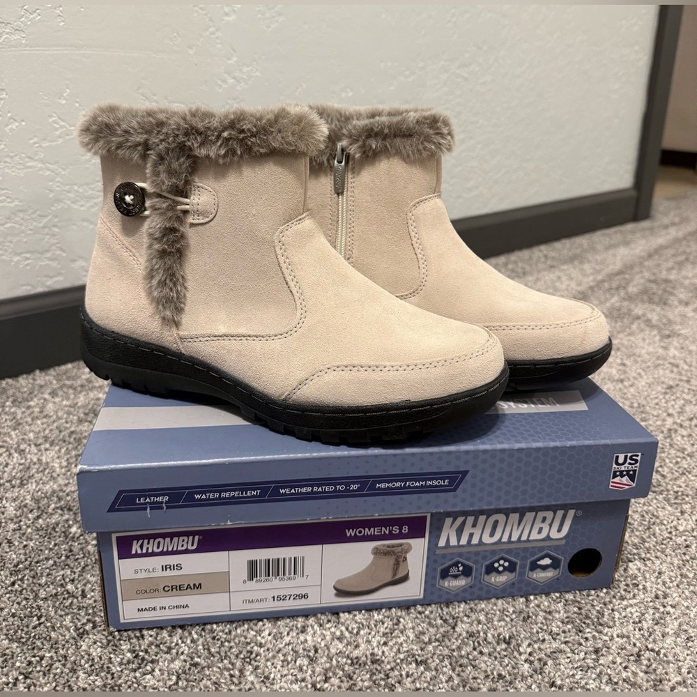NIB Size 8 Khombu Women's Iris Cream Fur-Trimmed Leather Winter Boots
